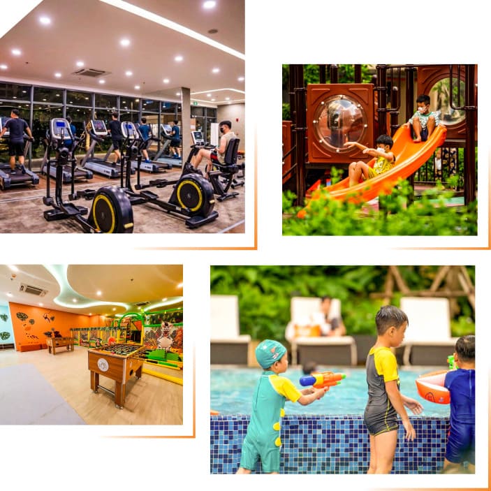 Tổng hợp tiện ích nội khu Akari City: phòng gym, khu vui chơi trẻ em và hồ bơi