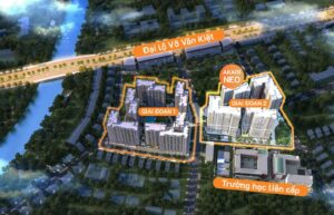Phối cảnh vị trí Giai đoạn 1, Giai đoạn 2, tháp AK NEO và trường học liên cấp trong khu đô thị Akari City