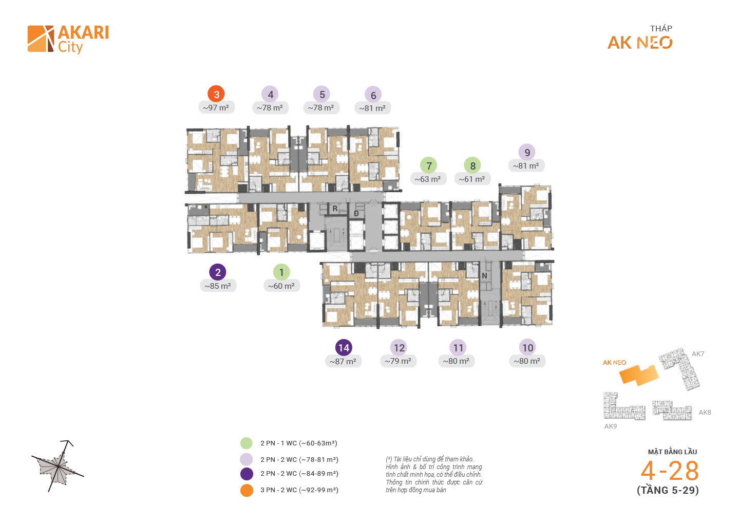 Mặt bằng tầng 4-28 tháp AK NEO Akari City Giai đoạn 2, chi tiết các căn hộ từ 57-99m2