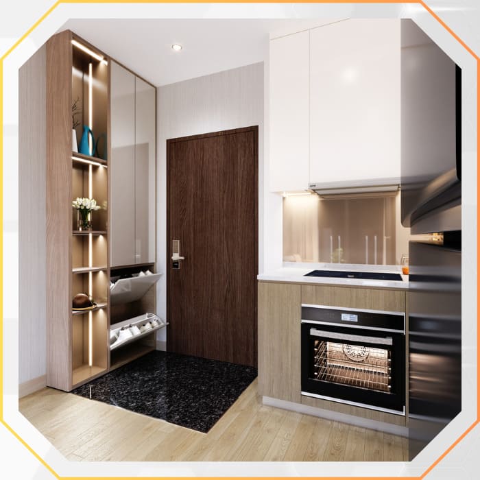 Khu vực bếp và tủ giày thiết kế thông minh trong căn hộ mẫu Akari City phong cách Nhật Bản