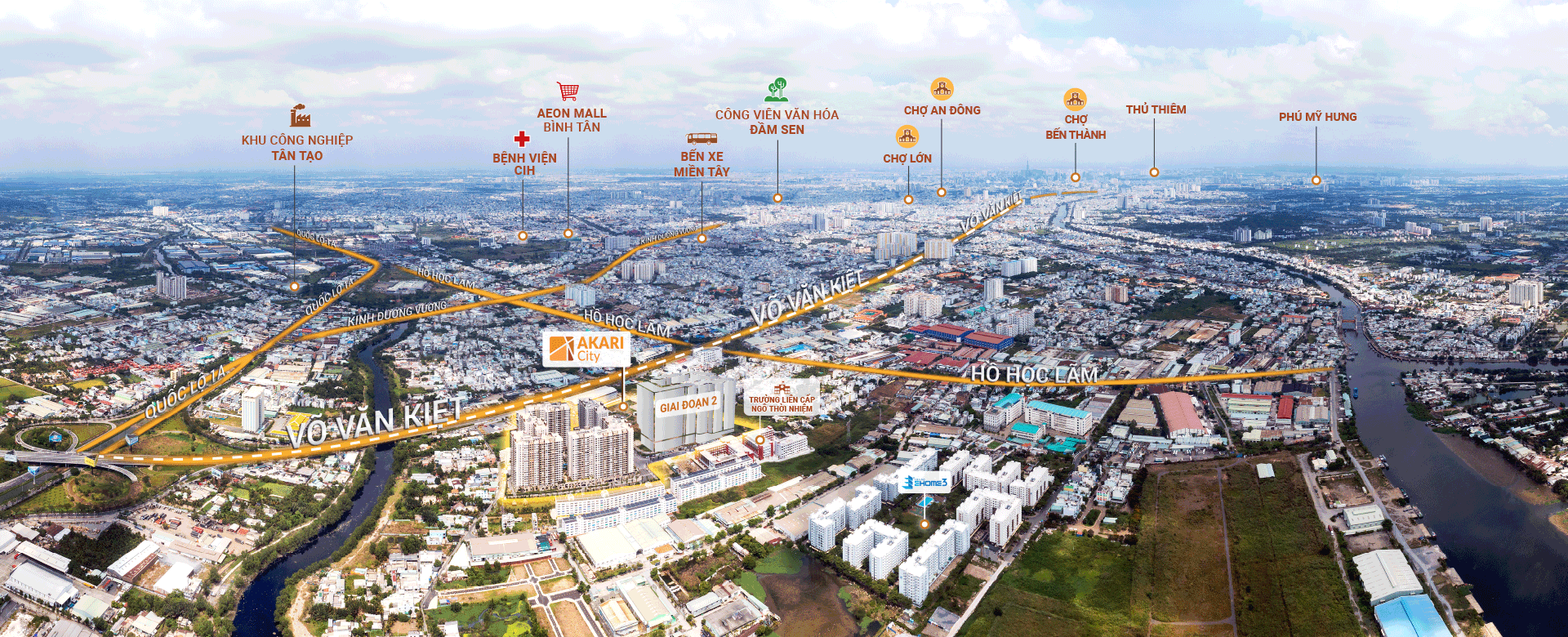 Bản đồ vị trí kết nối vùng dự án Akari City tới các tiện ích lân cận