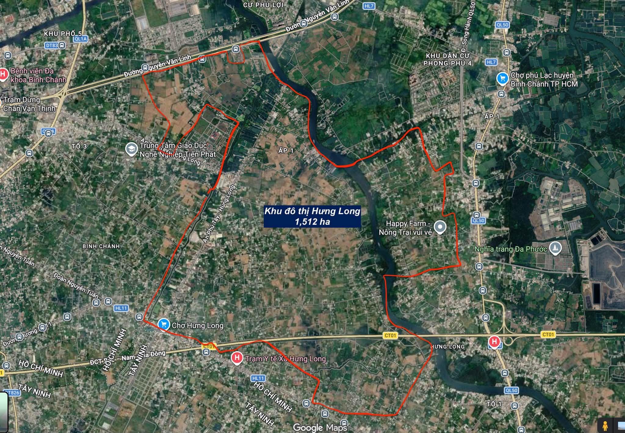 Bản đồ vệ tinh ranh giới quy hoạch Khu đô thị Hưng Long rộng 1.512ha tại Bình Chánh