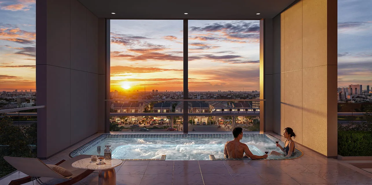 Phối cảnh hồ bơi trên cao tại The Westique Residences lúc hoàng hôn