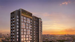 Phối cảnh hai tòa tháp The Quantum Park lúc hoàng hôn với bảng hiệu dự án