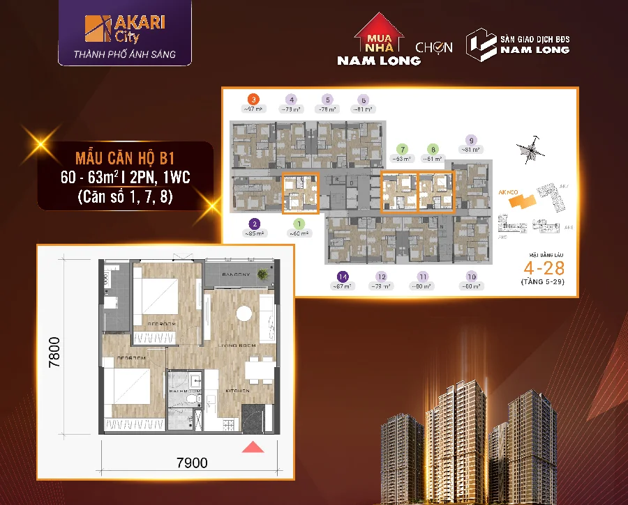 Mặt bằng căn hộ mẫu B1 60–63m², 2 phòng ngủ 1WC, tháp AK NEO Akari City