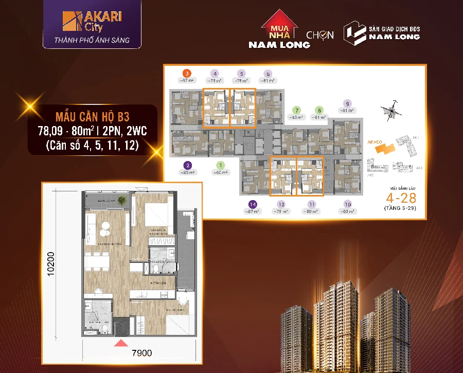 Mặt bằng căn hộ mẫu B3 78,09–80m², 2 phòng ngủ 2WC, tháp AK NEO Akari City