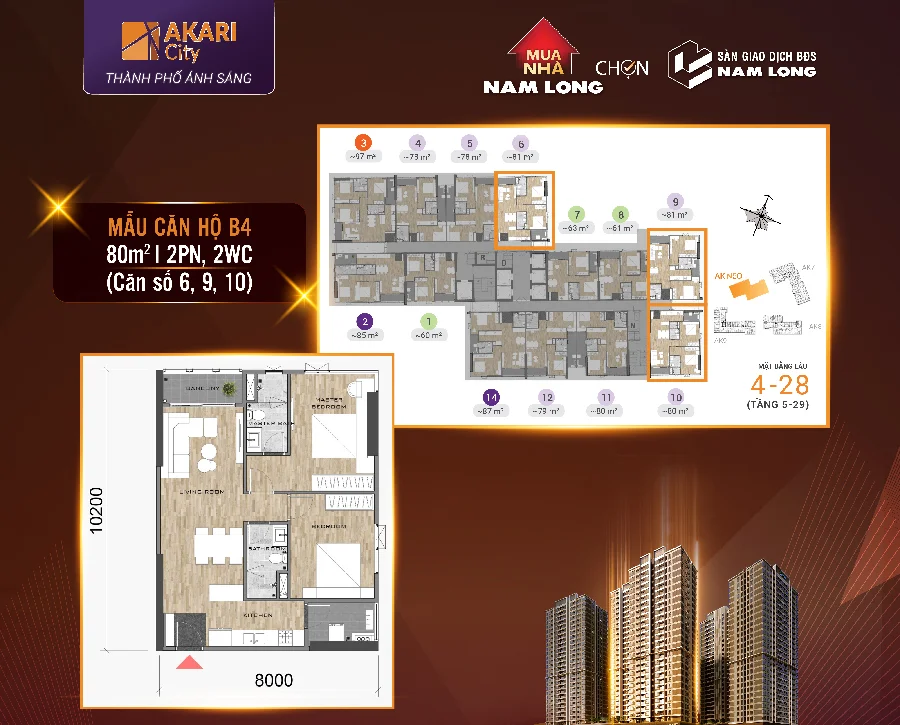 Mặt bằng căn hộ mẫu B4 80m², 2 phòng ngủ 2WC, tháp AK NEO Akari City