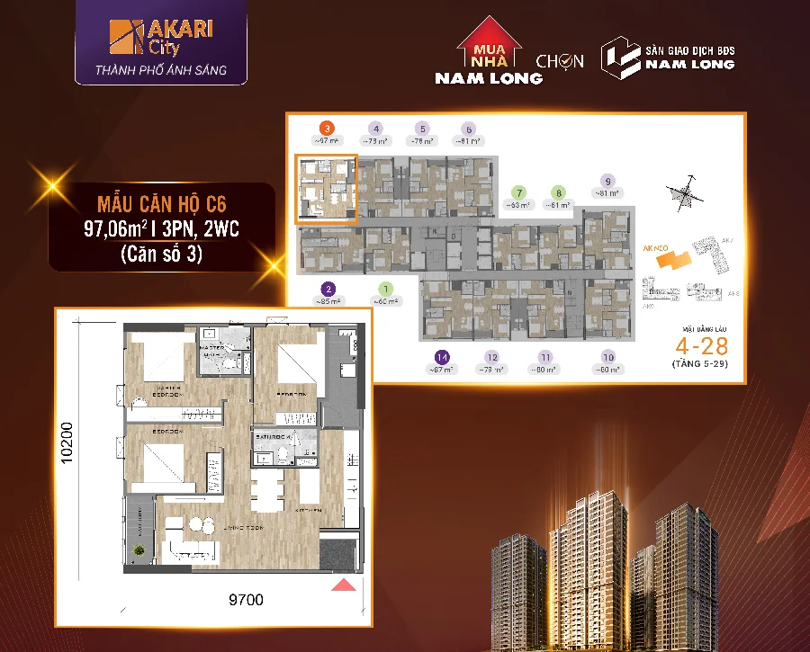 Mặt bằng căn hộ mẫu C6 97,06m², 3 phòng ngủ 2WC, tháp AK NEO Akari City